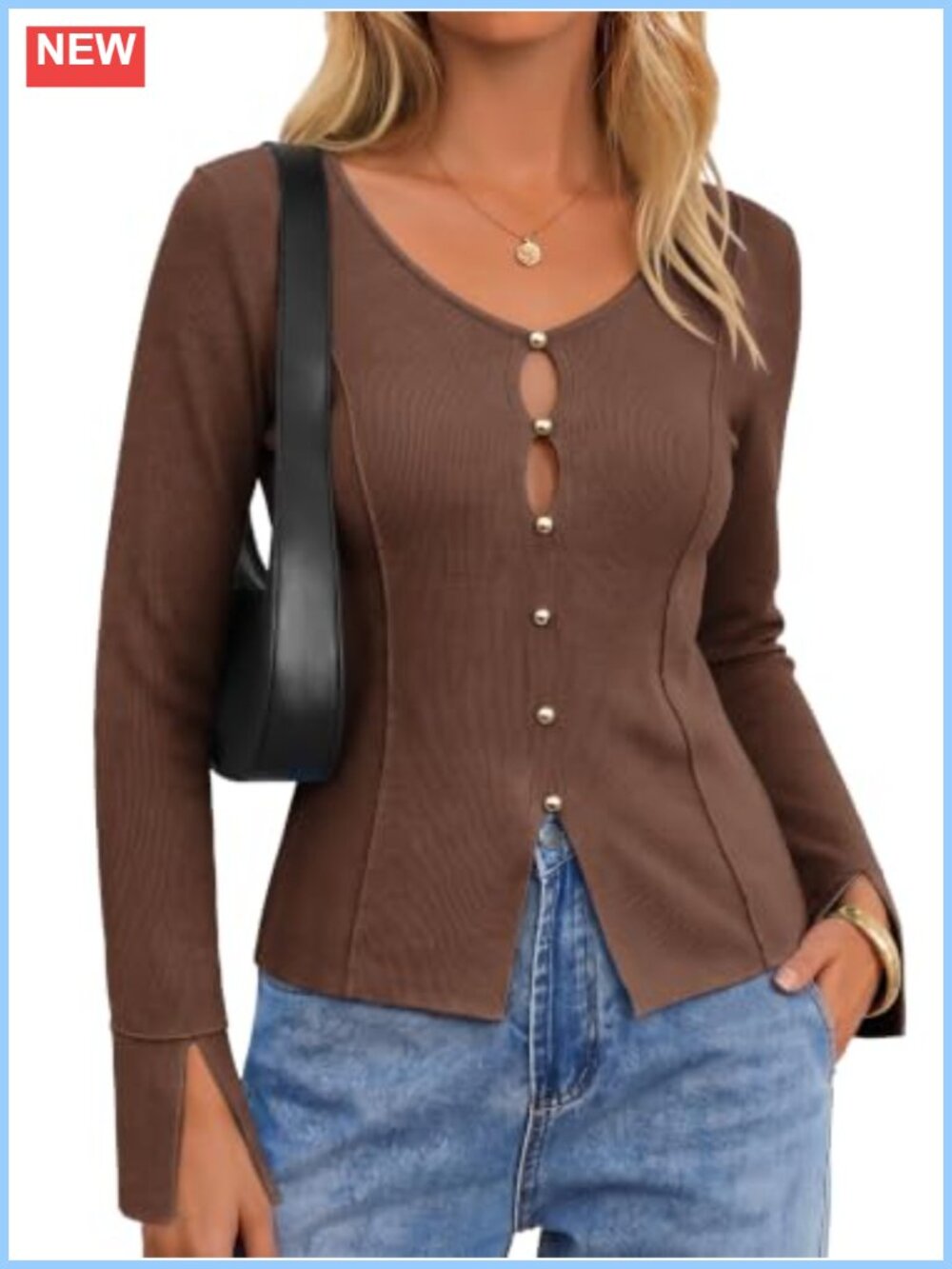 Womens Lightweight V Neck Keyhole Cutout Fitted Pullover Sweater